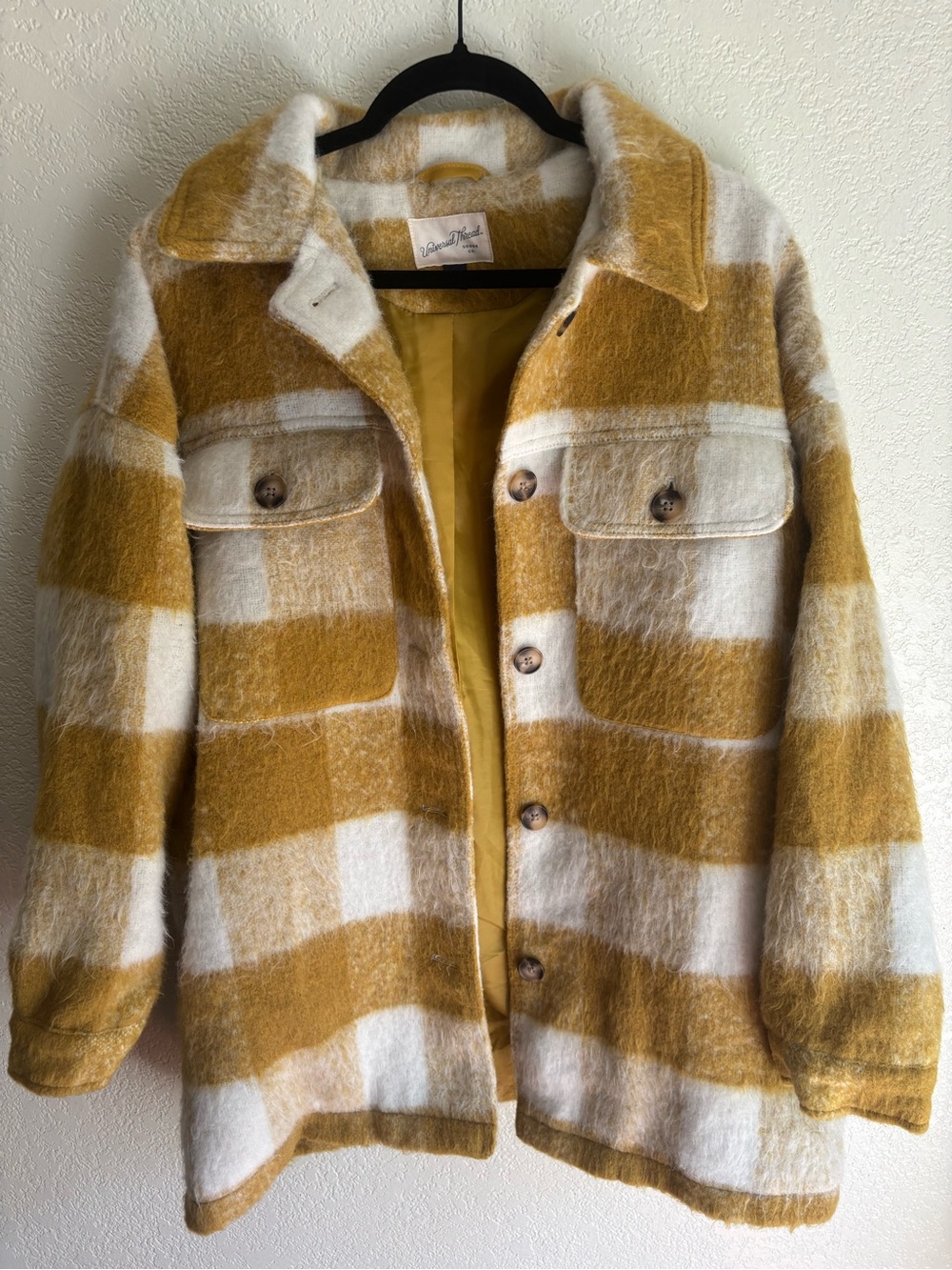 Brushed Wool Blend Oversized Shacket Cabincore Fall Cozy Yellow White Plaid L